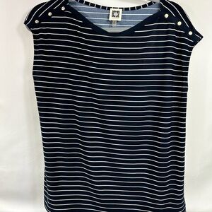 Anne Klein Navy and White Striped‎ Blouse size M Stockholm style Old money work